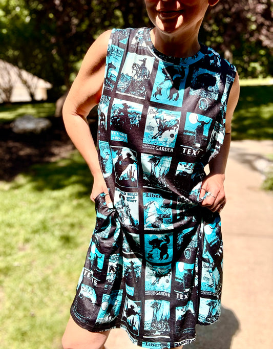 Plus Black Turquoise Printed Sleeveless Side Pocket Dress
