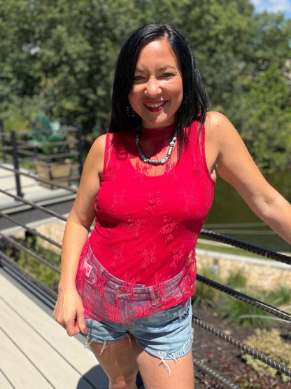 Lucky Red Lace Sleeveless Top