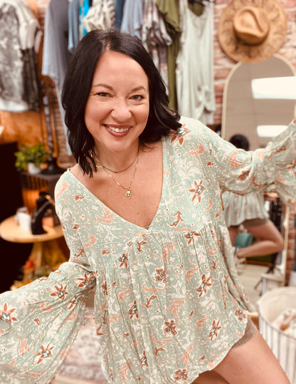 Brea Mixed Print Top - Sage Floral Print