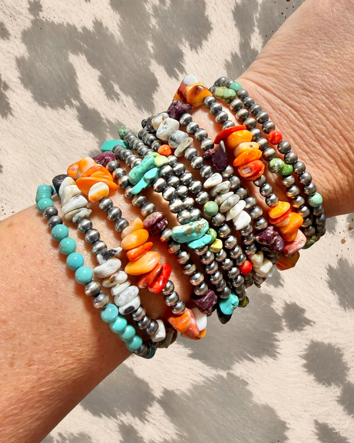 Sterling Silver and Turquoise + Orange Spiny Oyster Stretch Bracelets