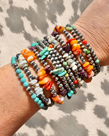 Sterling Silver and Turquoise + Orange Spiny Oyster Stretch Bracelets