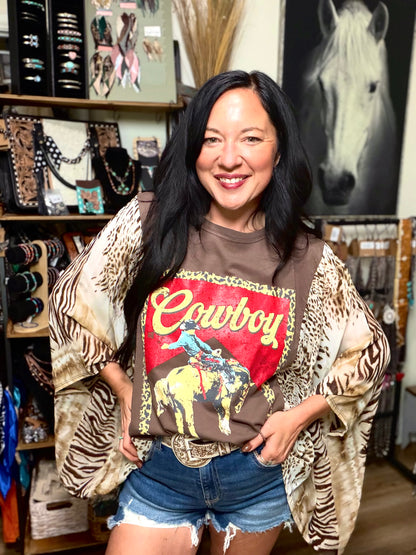Western Vintage Cowboy Leopard Graphic Kantha Top