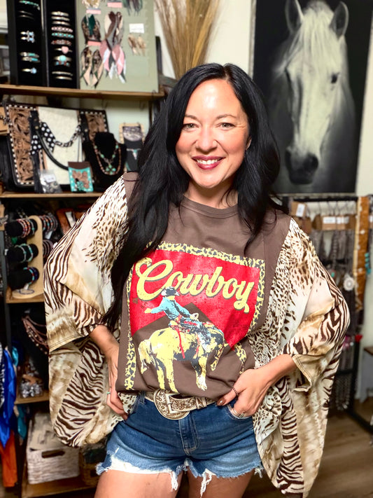 Western Vintage Cowboy Leopard Graphic Kantha Top