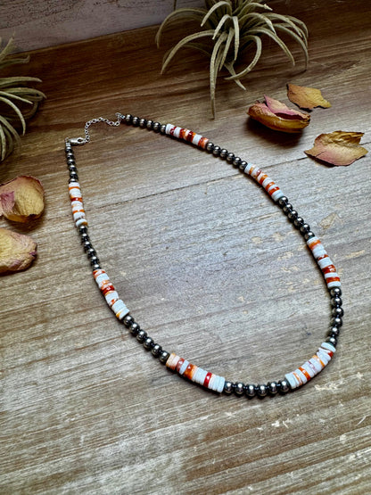 17-Inch Sterling Silver Pearl & Spiny Oyster Necklace