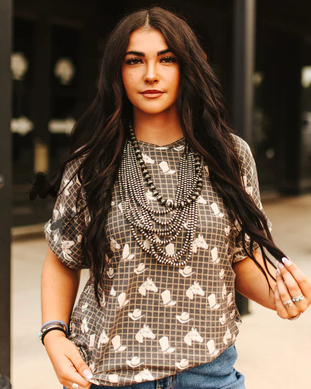 grey and white check western graphic tee shirt