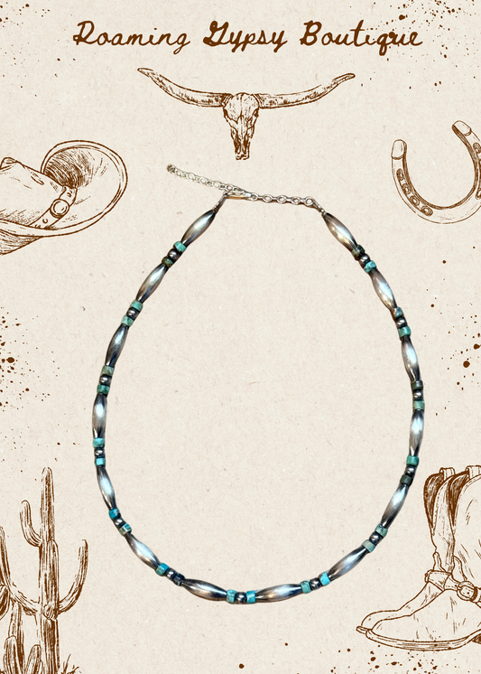 Blue-Green Turquoise Heishi & Sterling Silver Torpedo Choker