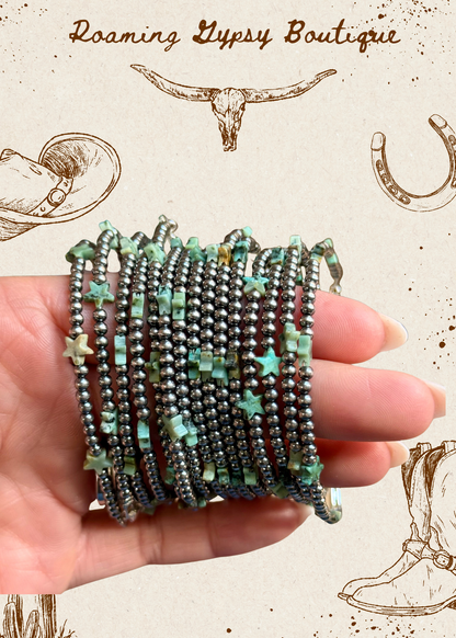 African Turquoise Onyx Star Bracelet with Sterling Silver Pearls