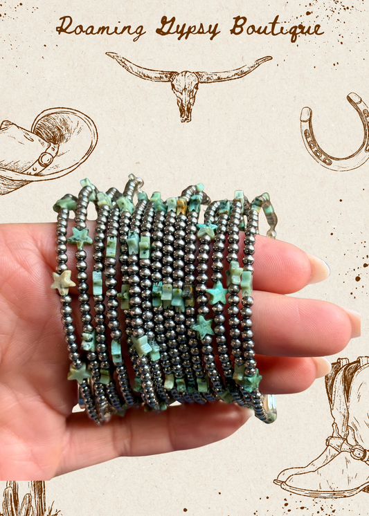 African Turquoise Onyx Star Bracelet with Sterling Silver Pearls