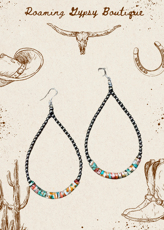 3 mm teardrop earrings Sterling Silver Pearls with orange spiny/Turquoise