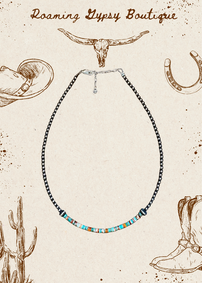 Sterling Silver Pearl Choker with Turquoise & Spiny Oyster Heishi