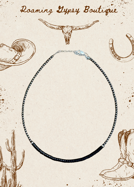 14” Black Onyx Heishi Necklace – Sterling Silver Pearls & Saucers