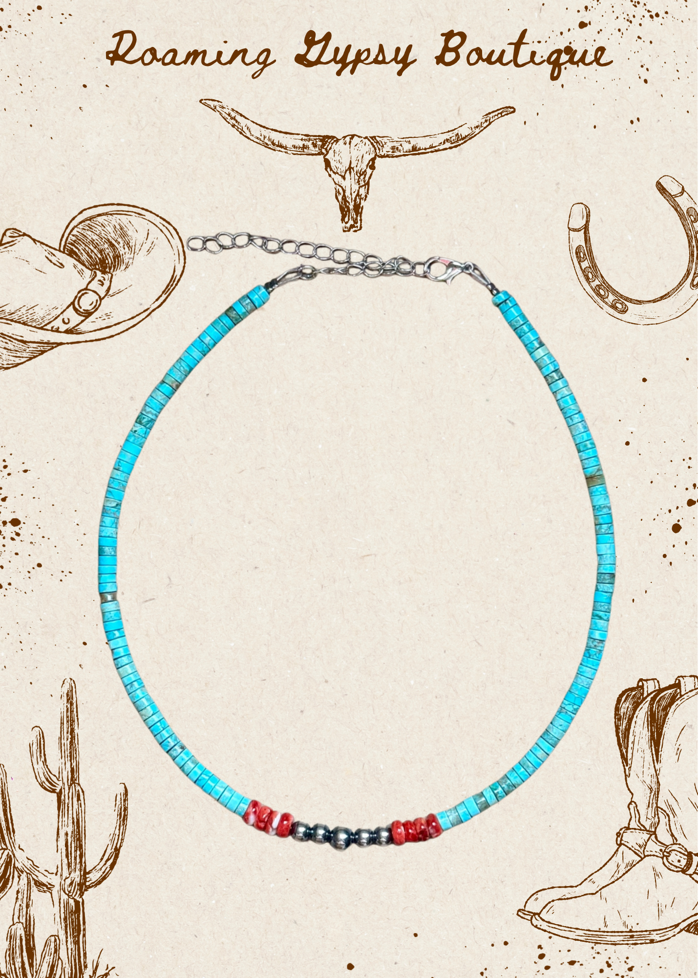 14” Vibrant Choker – Turquoise, Spiny Oyster & Sterling Silver