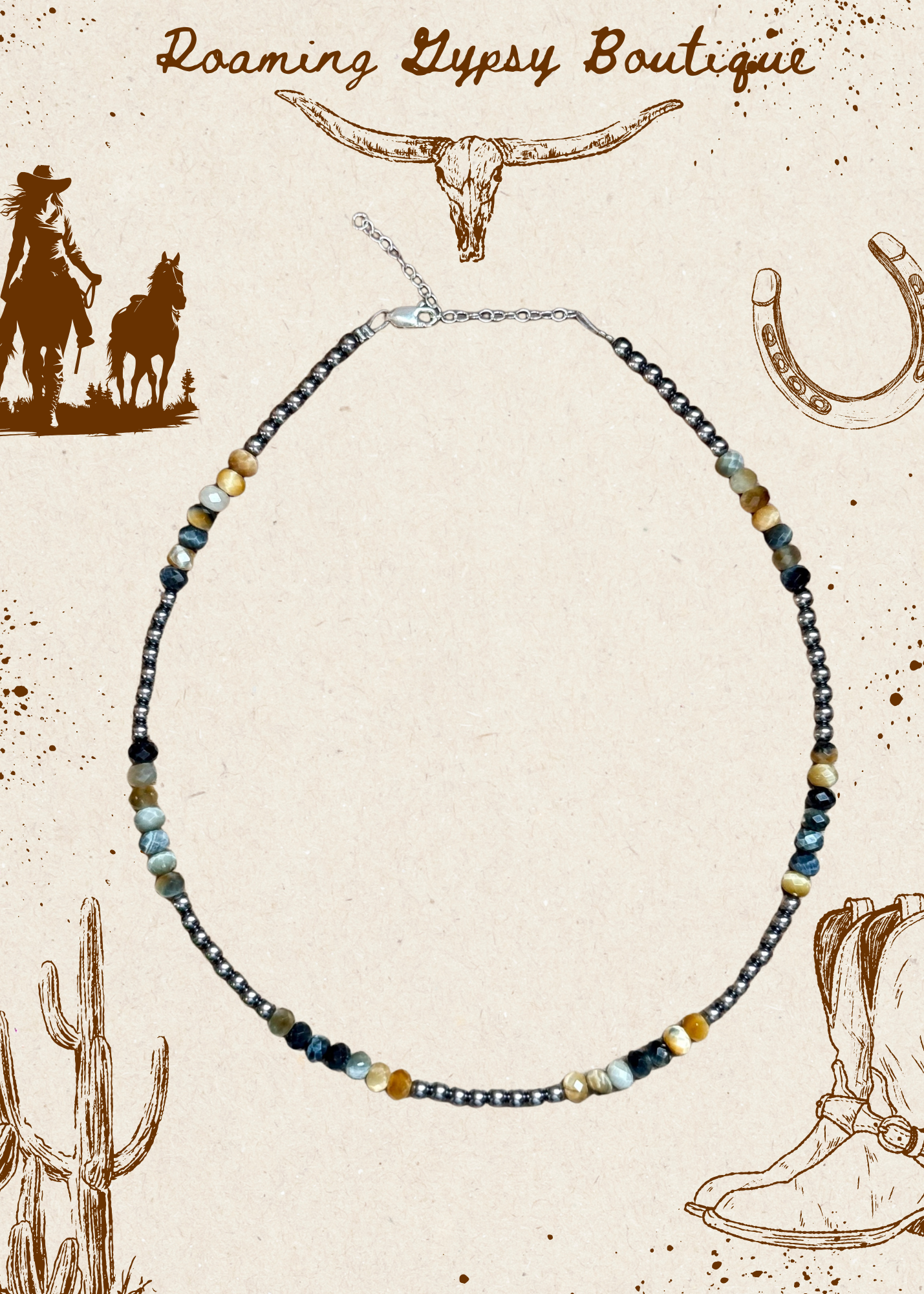 16” Golden Tiger Eye Necklace – Sterling Silver Pearls