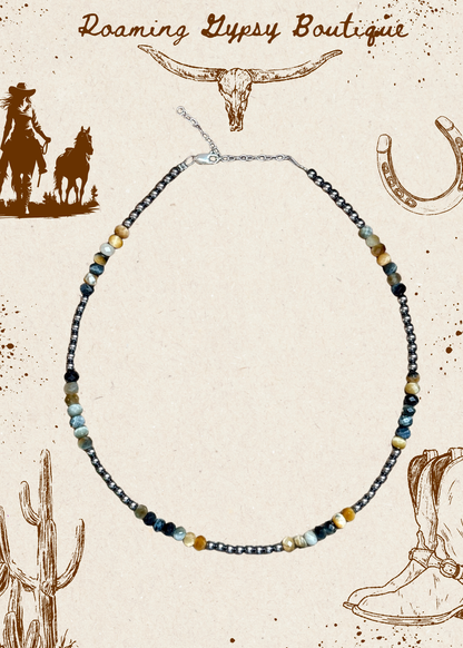 16” Golden Tiger Eye Necklace – Sterling Silver Pearls