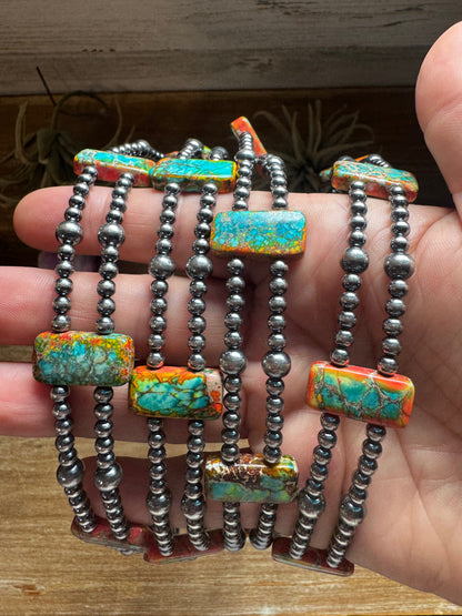 Orange/Turquoise Double Strand Necklace – 13” Beaded – Sterling Silver Pearls & Rectangle Variscite