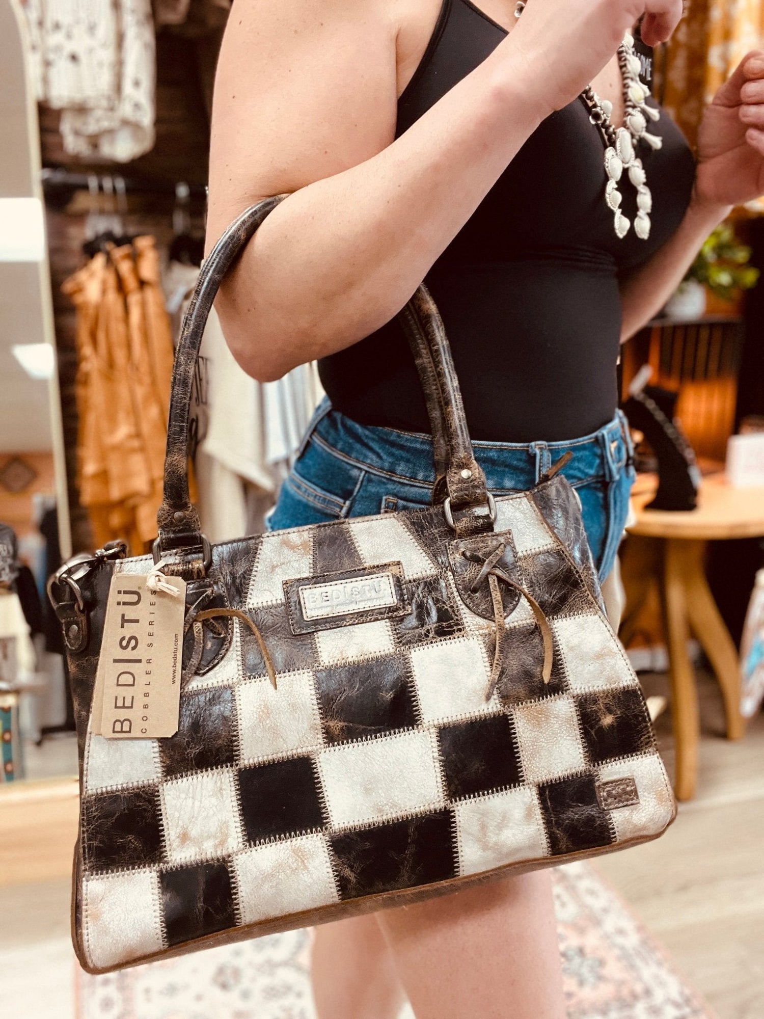 Rockababy Bedstu Bag Checkered Print Black and White Purse | Bedstu | Leather Bag