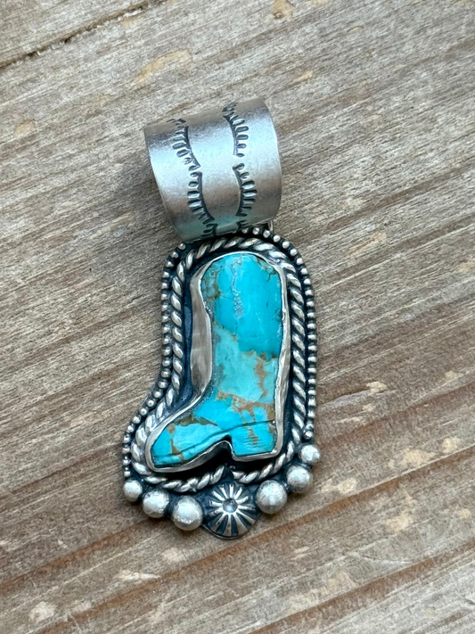 Sterling Silver Kingman Turquoise Cowboy Boot Pendant – Handmade by Artist Shay Pfeiffer