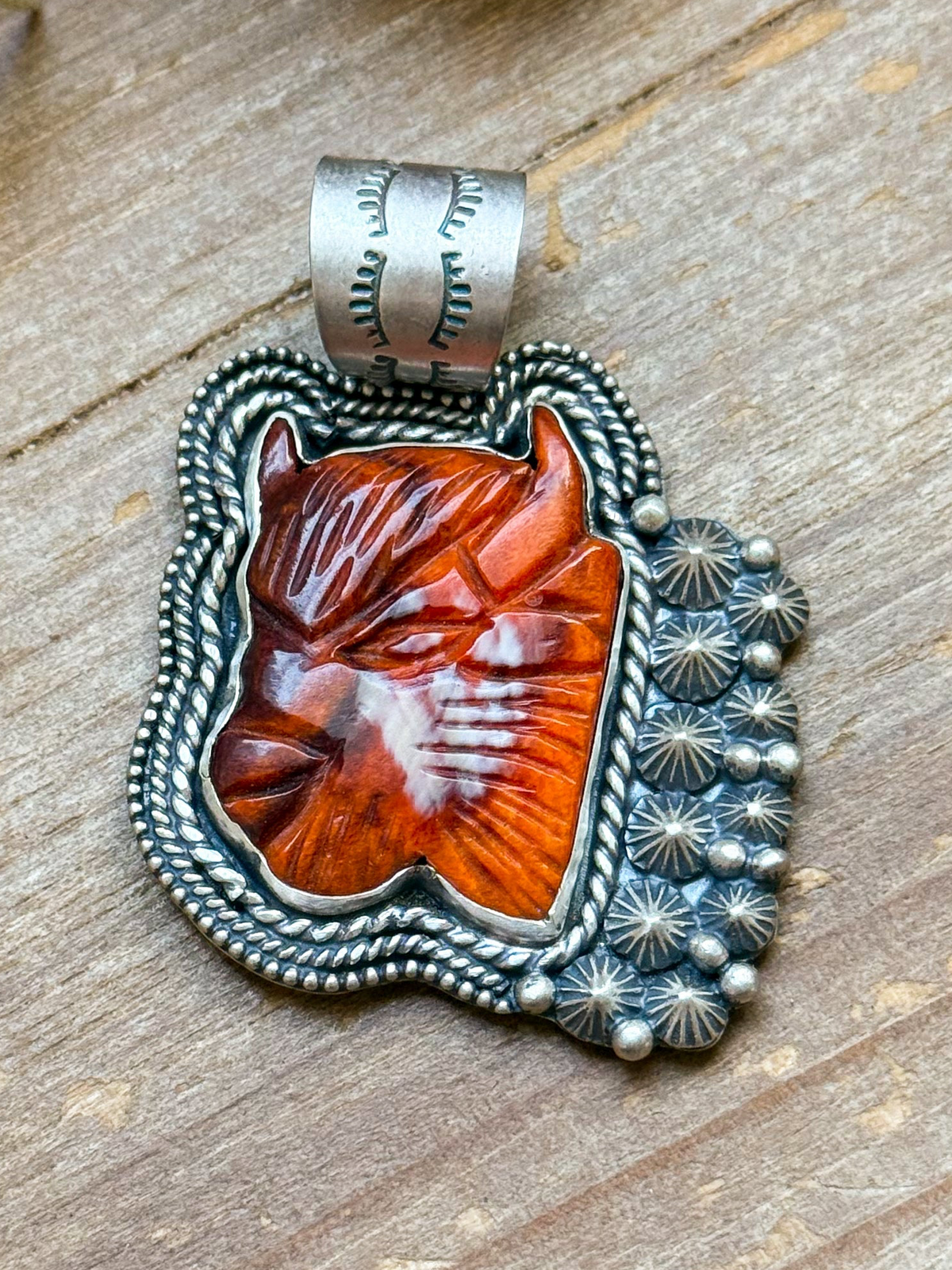 Sterling Silver Autumn Spiny Oyster Buffalo Pendant – Handmade by Artist Shay Pfeiffer