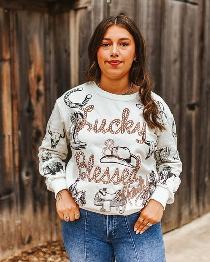 lucky & blessed howdy embroidered crewneck sweatshirt | western sweatshirt
