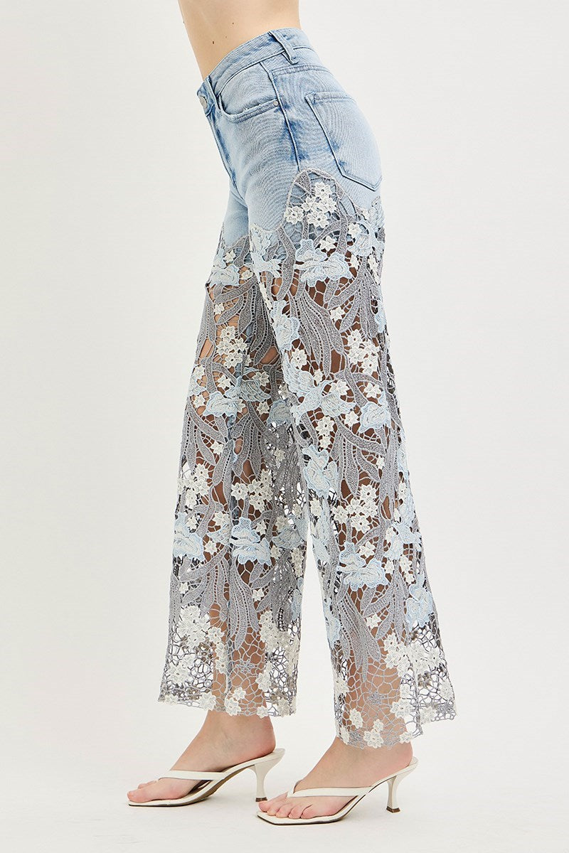Floral Risen Wide Leg Spring Jean