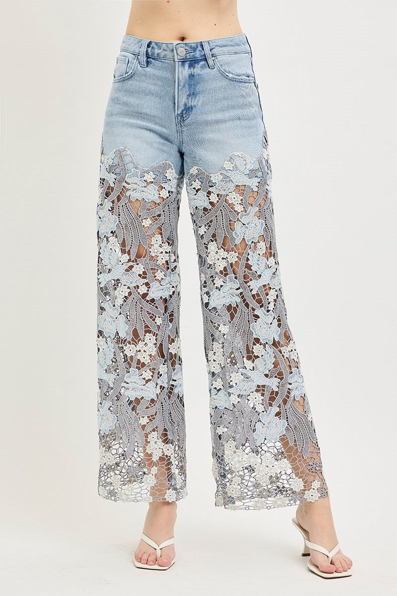 Floral Risen Wide Leg Spring Jean