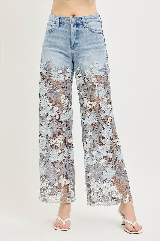 Floral Risen Wide Leg Spring Jean