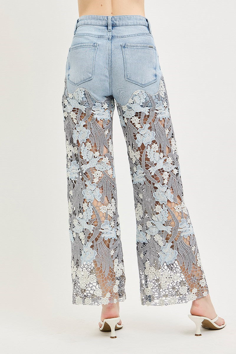 Floral Risen Wide Leg Spring Jean