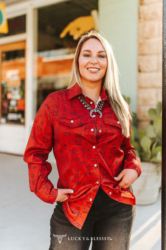 Red Cattle Brand Print Western Rodeo Shirt | Pearl Snap Shirt