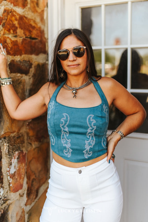 Teal Boot Stitch Embroidered Halter Top Tie Back Corset Top