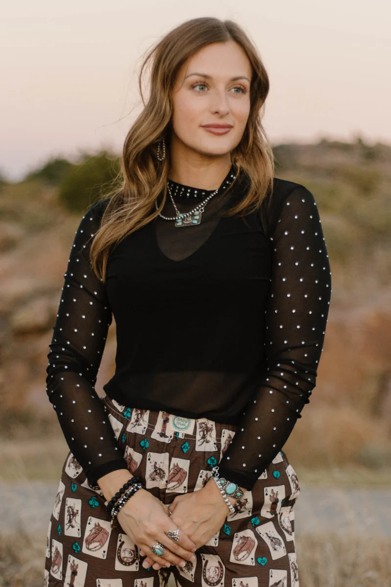 black rhinestone mesh shirt | nashville black and rhinestone sleeve shirt
