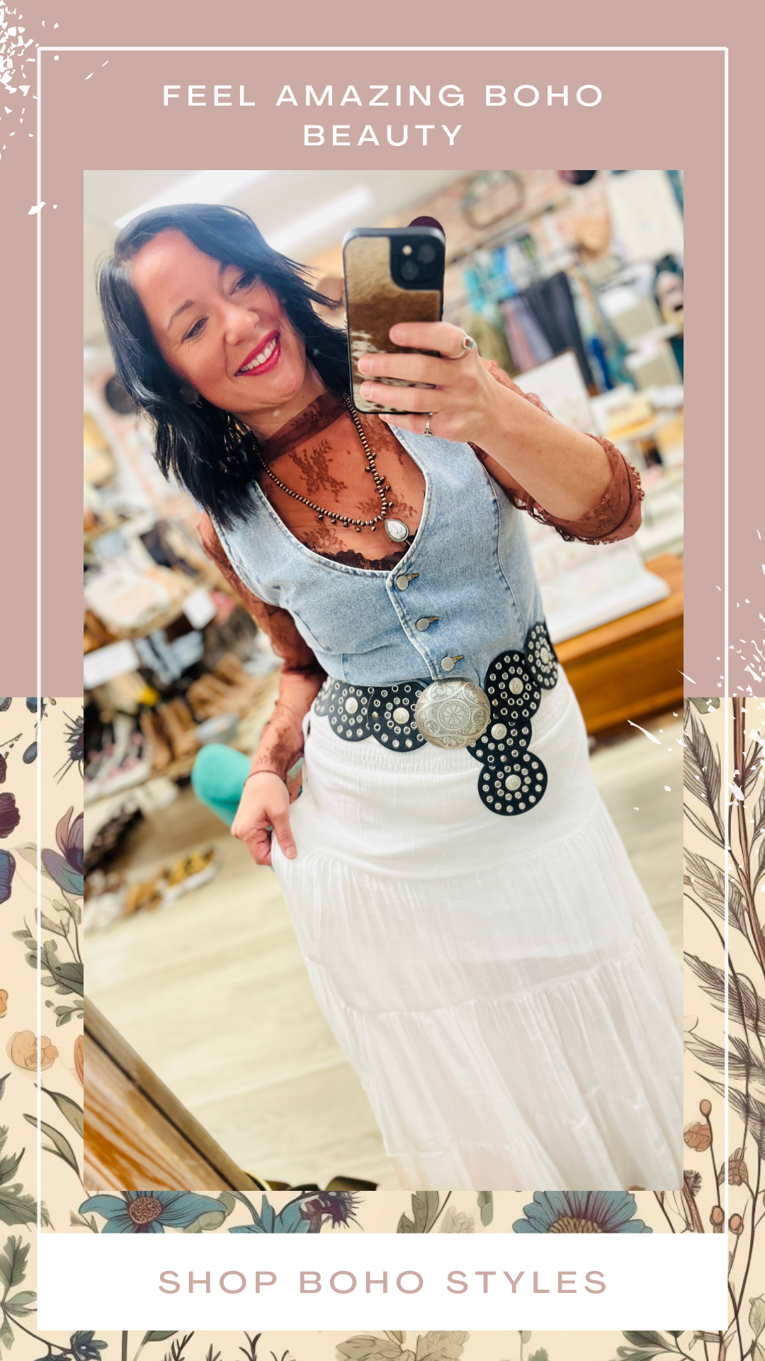 Boho Free Spirit Clothes | Denim Vest with White Linen Flowy Skirt