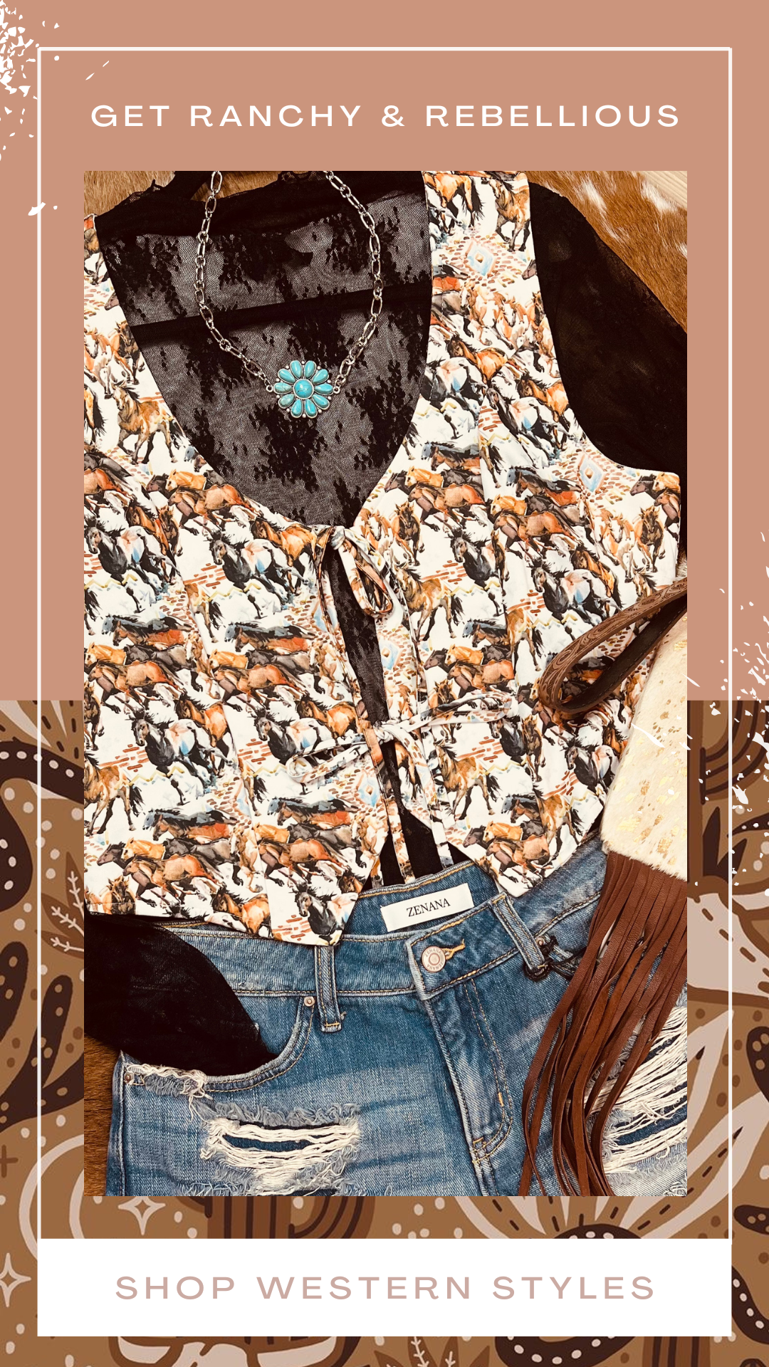 Trending Lace Mesh Top and western print vest | western outfit