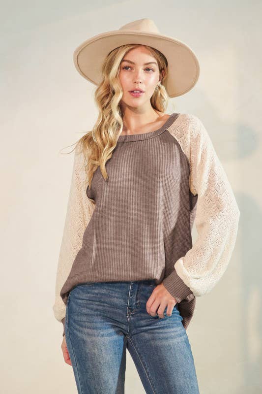 mauve cocoa color lace sleeved fall shirt