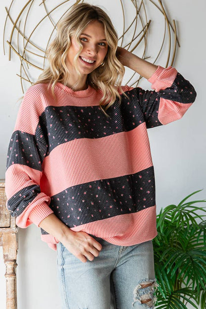 pink and charcoal ribbed long sleeve shirt
