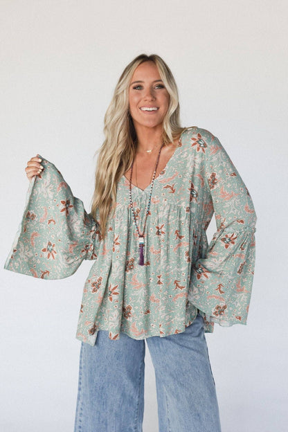 Brea Mixed Print Top - Sage Floral Print