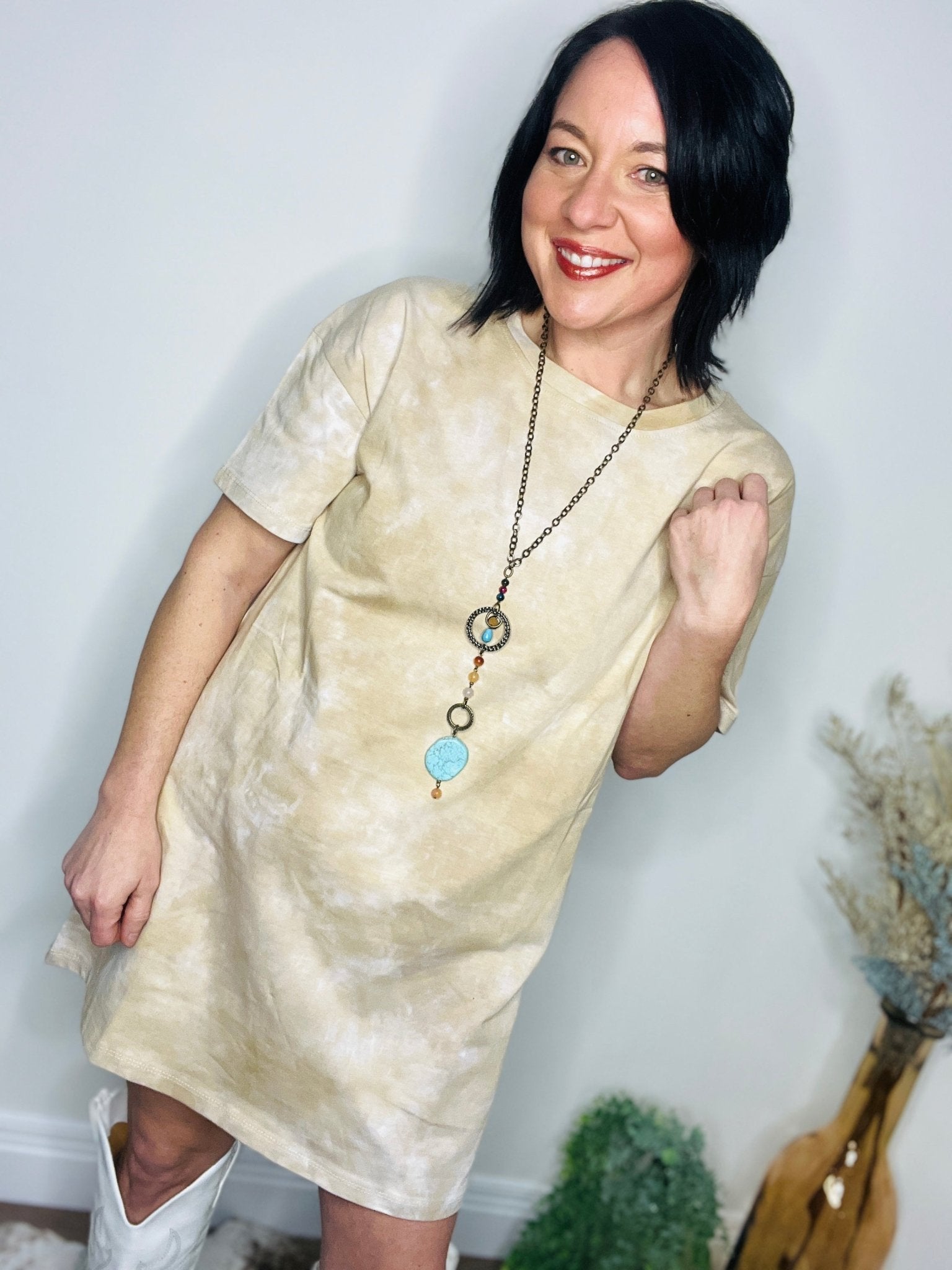 Adventuresome Beige Tie Dye T-Shirt Dress - Roaming Gypsy Boutique