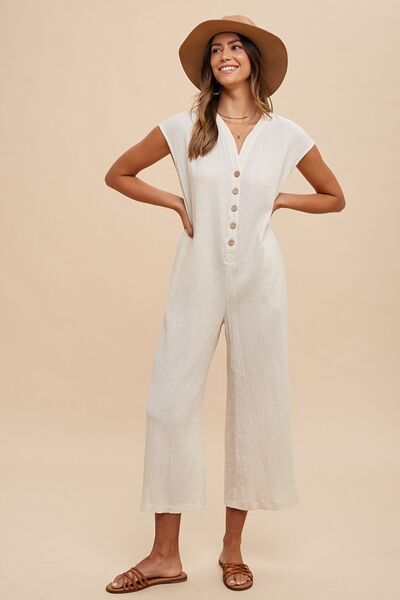 Annie Wear Button Detail Wide Leg Jumpsuit with Pockets - Roaming Gypsy Boutique