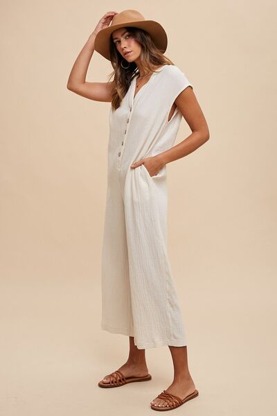 Annie Wear Button Detail Wide Leg Jumpsuit with Pockets - Roaming Gypsy Boutique