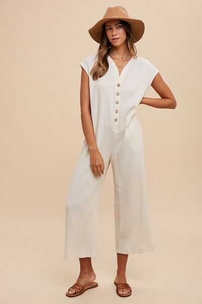 Annie Wear Button Detail Wide Leg Jumpsuit with Pockets - Roaming Gypsy Boutique