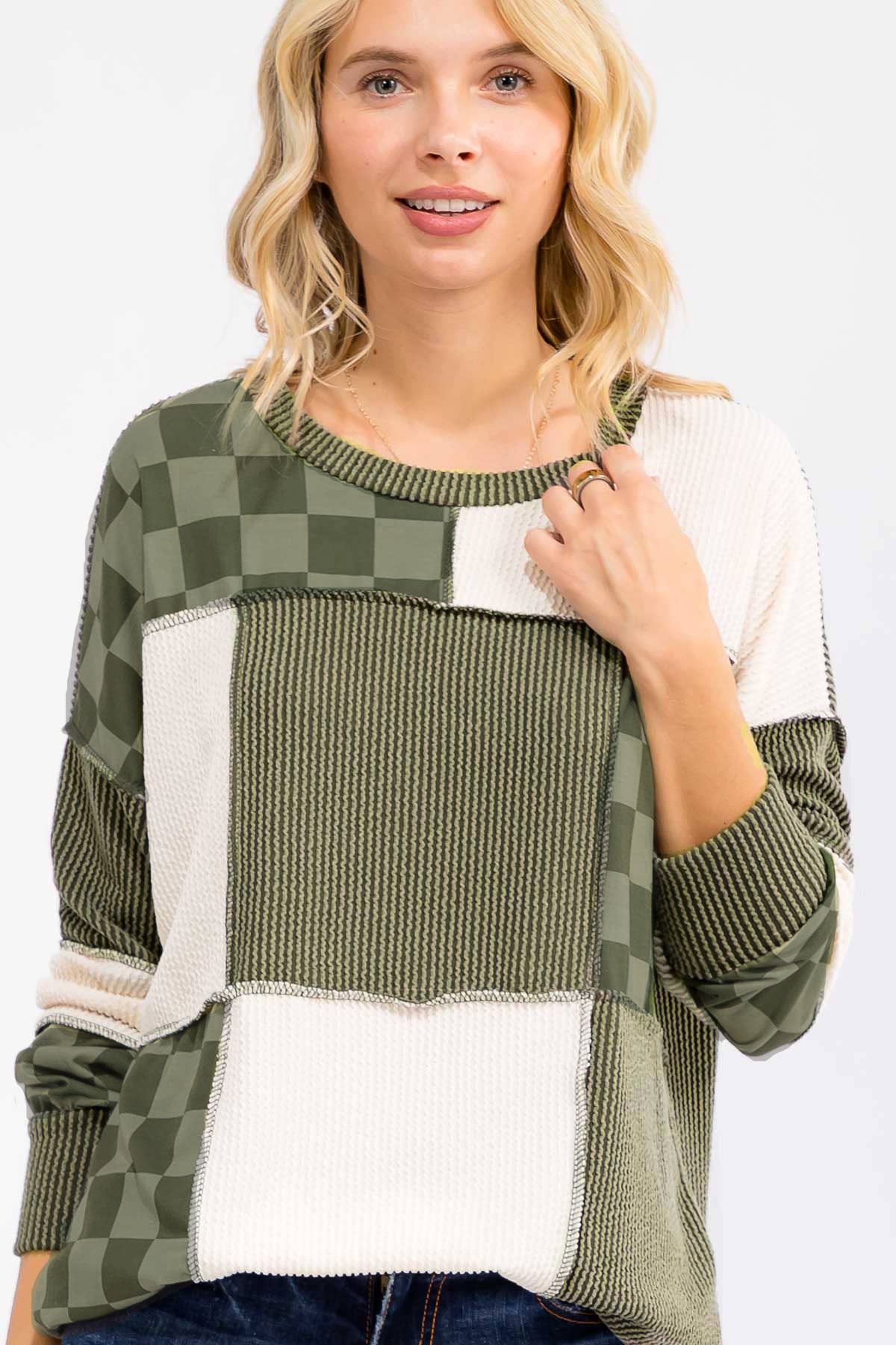 olive and white patched checkered print ribbed shirt