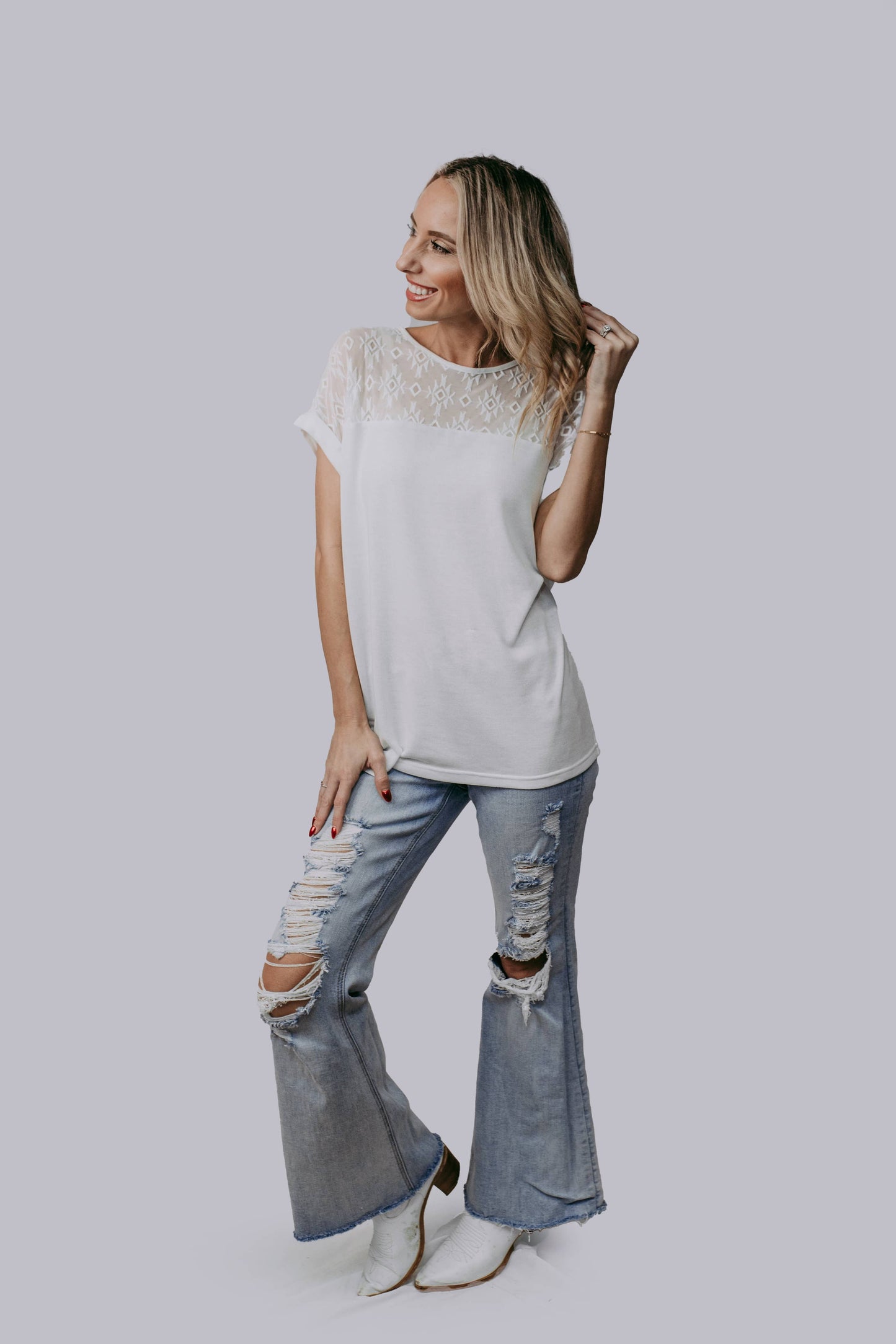 Aztec Lace Mix Blouse White