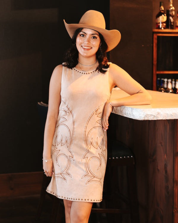 Beige Studded Boot Stitch Studded Western Dress