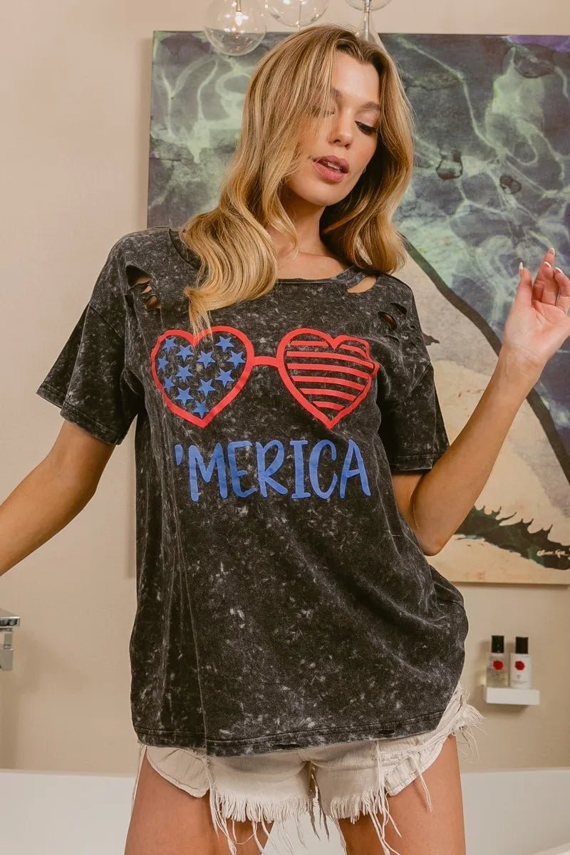 BiBi 4th Of July Theme Mineral Washed Laser Cut Top - Roaming Gypsy Boutique
