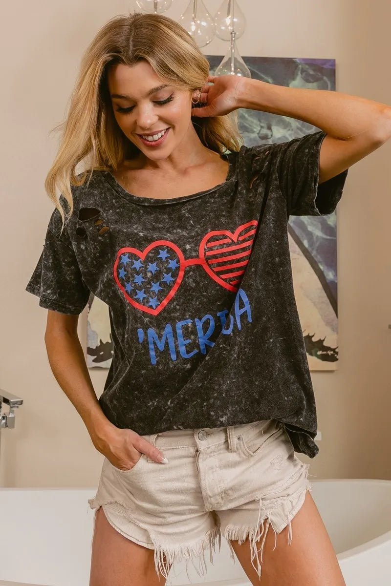 BiBi 4th Of July Theme Mineral Washed Laser Cut Top - Roaming Gypsy Boutique