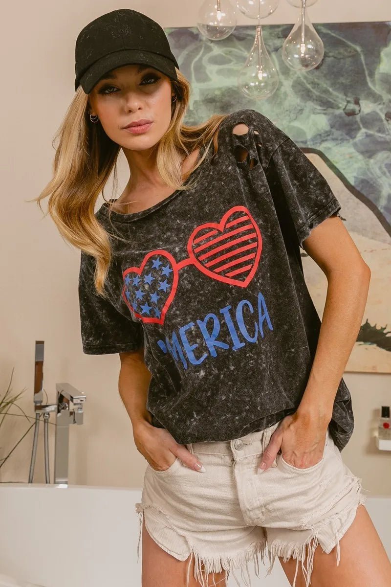 BiBi 4th Of July Theme Mineral Washed Laser Cut Top - Roaming Gypsy Boutique