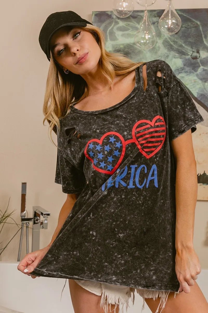 BiBi 4th Of July Theme Mineral Washed Laser Cut Top - Roaming Gypsy Boutique