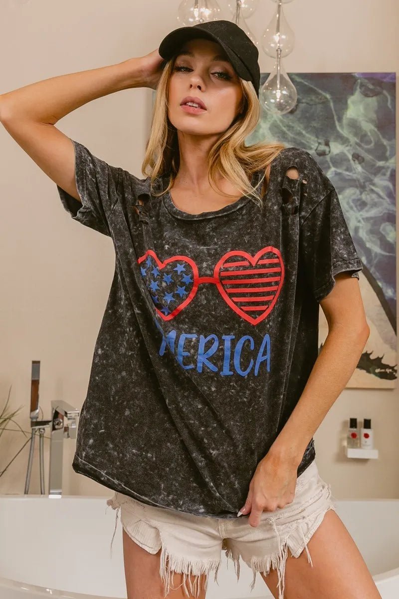 BiBi 4th Of July Theme Mineral Washed Laser Cut Top - Roaming Gypsy Boutique