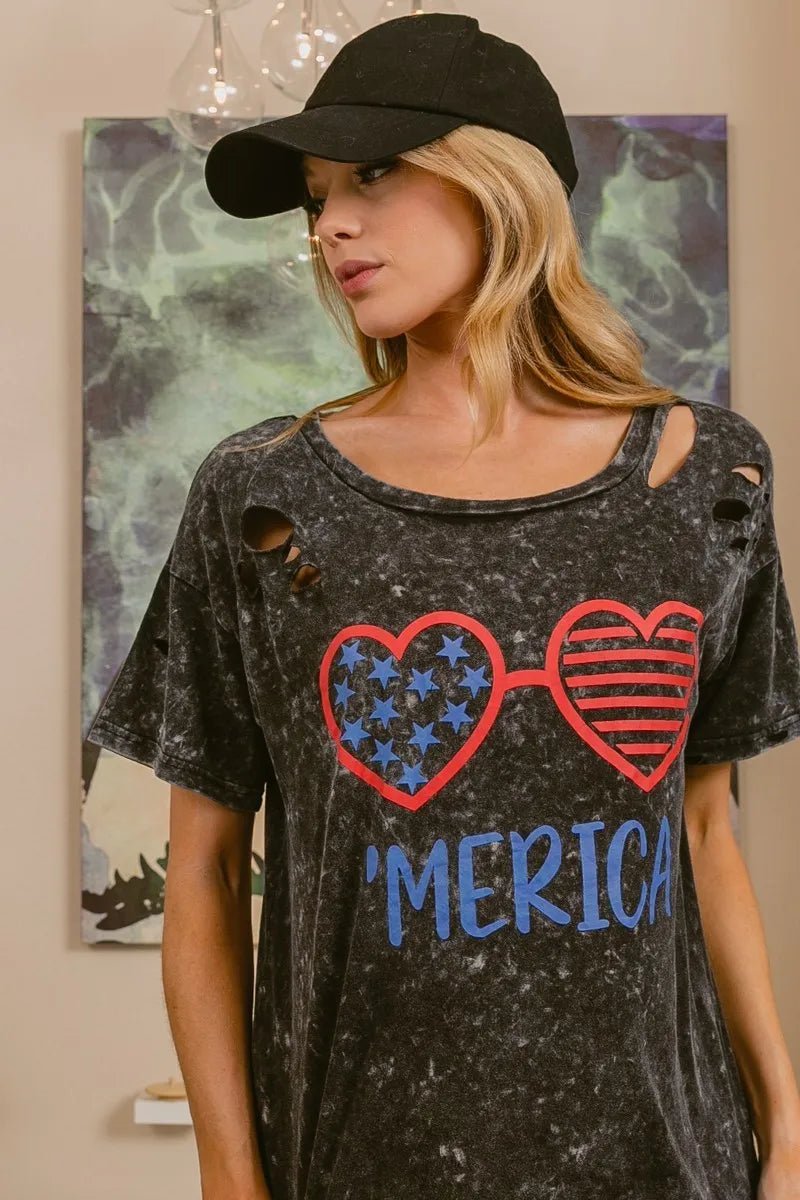 BiBi 4th Of July Theme Mineral Washed Laser Cut Top - Roaming Gypsy Boutique