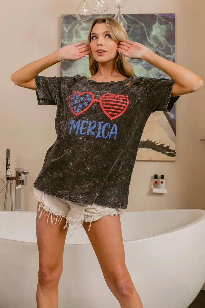 BiBi 4th Of July Theme Mineral Washed Laser Cut Top - Roaming Gypsy Boutique