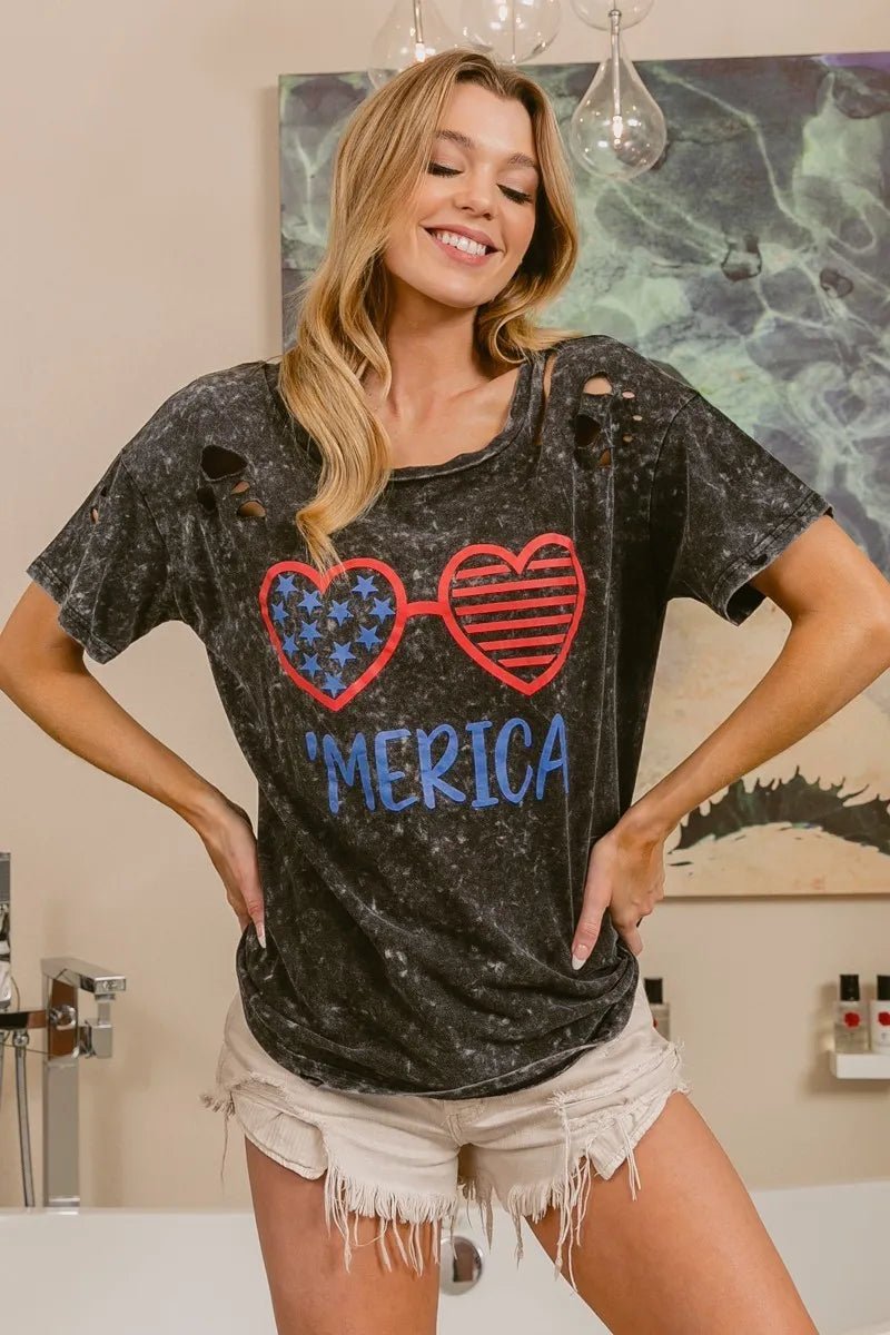 BiBi 4th Of July Theme Mineral Washed Laser Cut Top - Roaming Gypsy Boutique